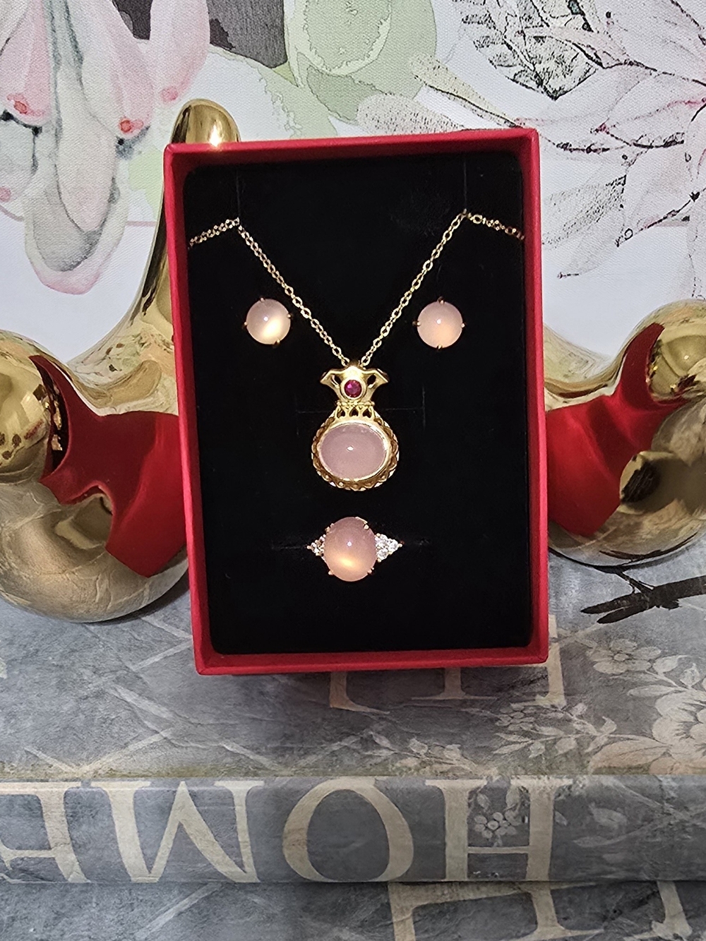 Natural Agate Gemstone In Candy Peach Color Necklace, Earrings & Ring Set